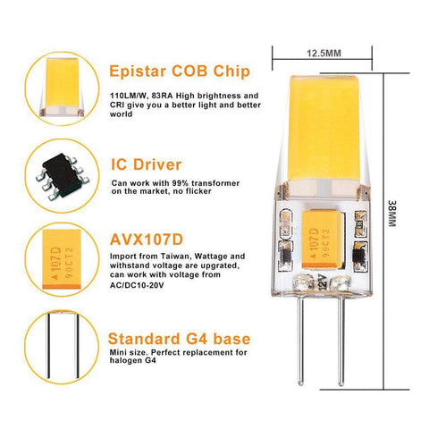 Image of 10 Pack G4 LED Light Bulb Bi-Pin Silicon Encapsulation 12V 2.5 W 1508 COB LEDs CRI>80 230-250Lumen 25W Equivalent