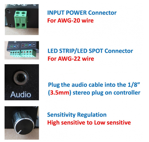 Image of Sound/Music Sensitive RGB LED Controller 12V-24VDC 12Amp Black Aluminum Housing Controller with 24 Keys IR Remote for RGB LED Strip Lights