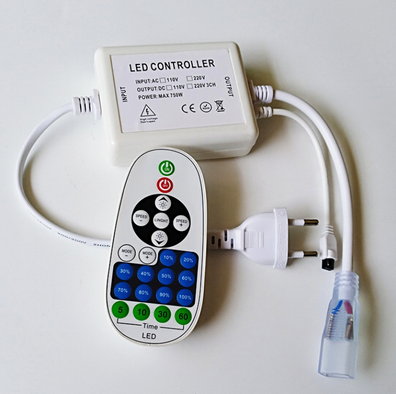 750Watt LED Dimmer for AC110V/220V LED Strip Light, Wireless Remote Control Dimmer with 2 Prong Outlet, Timer Switch