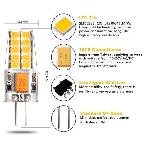 Image of 10 Pack G4 LED Light Bulb Bi-Pin Silicon Encapsulation 12V 2.5 W CRI>80 290-310Lumen 20x2835 LEDs 25W Equivalent