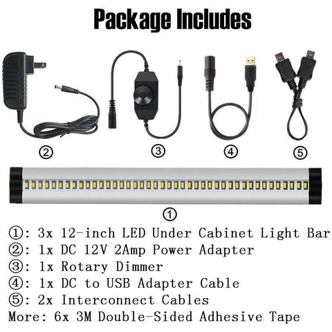 Image of 3pcs Pack Silver Finish LED Under Cabinet Lighting Kit Dimmable CRI90 Ultra Thin SMD2835 12V 15W 900 Lumens with Dimmer & Power Supply Included