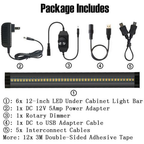 Image of 6 Pack 7mm Thick Black Finish LED Under Cabinet Lighting Kit Dimmable 1800LM CRI90 SMD2835 12V 30W with Dimmer & Power SUpply Included
