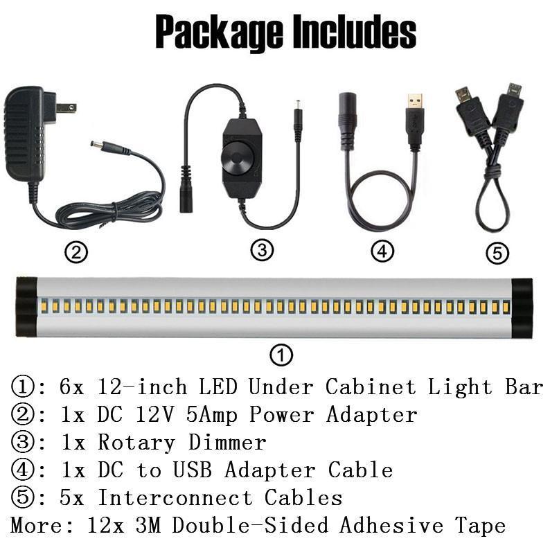 6 Pack 7mm Thick Silver Finish LED Under Cabinet Lighting Kit Dimmable 1800LM CRI90 SMD2835 12V 30W with Dimmer & Power SUpply Included