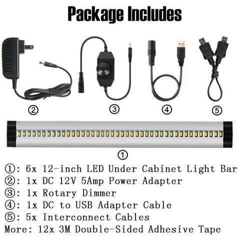 Image of 6 Pack 7mm Thick Silver Finish LED Under Cabinet Lighting Kit Dimmable 1800LM CRI90 SMD2835 12V 30W with Dimmer & Power SUpply Included