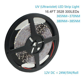 365nm & 380nm SMD3528-300 12V 2A 24W UV (Ultraviolet) LED Strip Light Flex White PCB Tape for UV Curing, Currency Validation, Medical Field