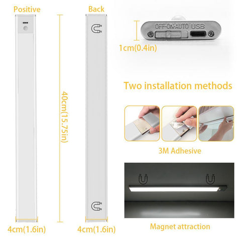 Image of 40cm (15.75'') Motion Sensor LED Under Cabinet Light, 1500mA Rechargeable Wireless Motion Nightlight Portable Magnetic Stick Up Night Light
