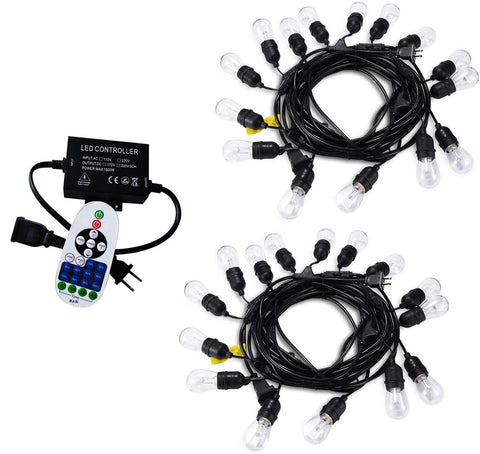 Image of Dimmable Waterproof LED Outdoor String Lights - Hanging, 2W Edison Bulbs - 48Ft Commercial Lights for Decor for Patio, Backyard, Garden, Bistro S14 Black - Warm White, with Dimmer, Complete Led String Lights Kit(2Pack-48FT And 1pcs Dimmer)