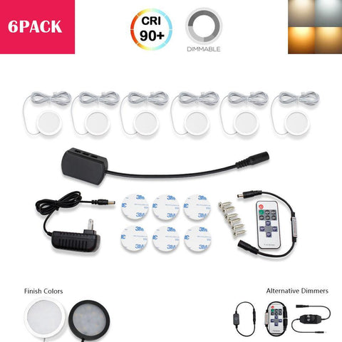 Image of A-Series 6 Pack (6*2W) Dimmable CRI 90 Ultra Thin LED Under Cabinet Puck Lights With Dimmer & Power Adapter, All Accessories Included