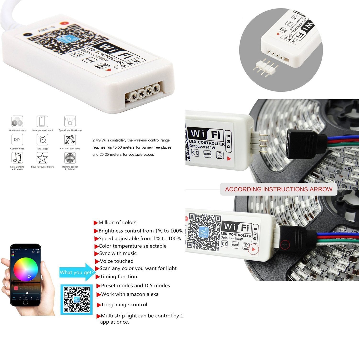 WiFi IP65 Waterproof LED Light Strip Music Sync Remote Controlled by Alexa Echo Android ISO Smart Phone 16.4ft Cuttable 12V RGB 300LED SMD5050 Strip with 24 Keys Controller & 8Amp 96W Power Supply