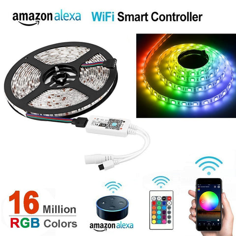 Image of WiFi IP65 Waterproof LED Light Strip Music Sync Remote Controlled by Alexa Echo Android ISO Smart Phone 16.4ft Cuttable 12V RGB 300LED SMD5050 Strip with 24 Keys Controller & 8Amp 96W Power Supply