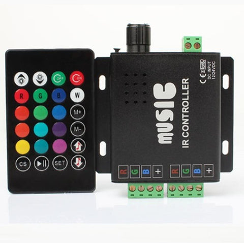 Image of Sound/Music Sensitive RGB LED Controller 12V-24VDC 12Amp Black Aluminum Housing Controller with 24 Keys IR Remote for RGB LED Strip Lights