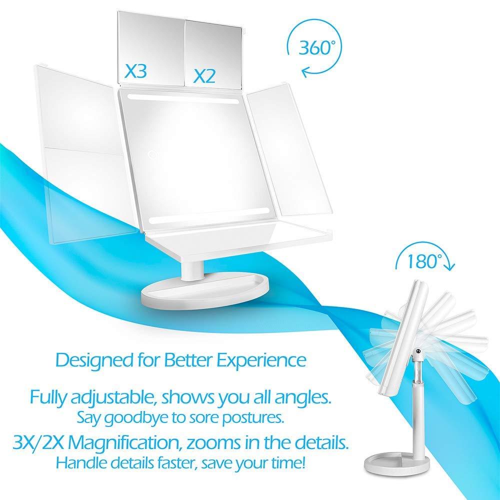 Tri-Fold LED Makeup Mirror with 360° Rotation, 3x/2x Magnification, 32 LEDs, Touching Dimmer and Dual Power Supply, as for Lighted Vanity Mirror and LED Cosmetic Mirror