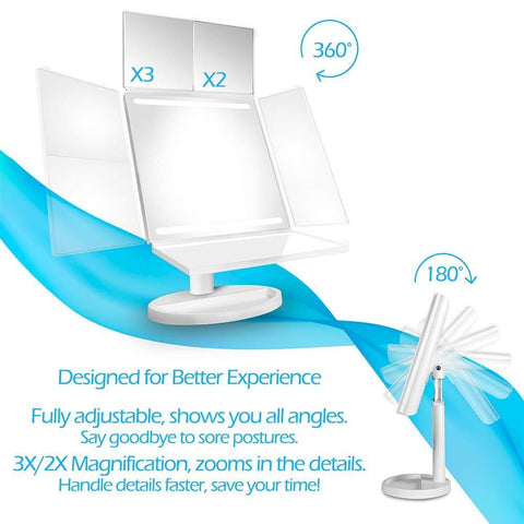 Image of Tri-Fold LED Makeup Mirror with 360° Rotation, 3x/2x Magnification, 32 LEDs, Touching Dimmer and Dual Power Supply, as for Lighted Vanity Mirror and LED Cosmetic Mirror