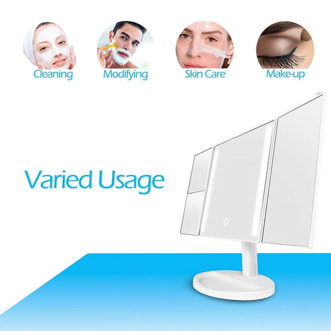 Image of Tri-Fold LED Makeup Mirror with 360° Rotation, 3x/2x Magnification, 32 LEDs, Touching Dimmer and Dual Power Supply, as for Lighted Vanity Mirror and LED Cosmetic Mirror