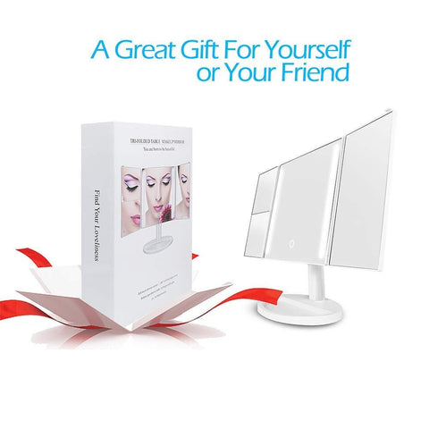 Image of Tri-Fold LED Makeup Mirror with 360° Rotation, 3x/2x Magnification, 32 LEDs, Touching Dimmer and Dual Power Supply, as for Lighted Vanity Mirror and LED Cosmetic Mirror