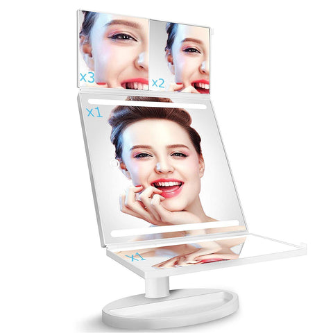 Image of Tri-Fold LED Makeup Mirror with 360° Rotation, 3x/2x Magnification, 32 LEDs, Touching Dimmer and Dual Power Supply, as for Lighted Vanity Mirror and LED Cosmetic Mirror