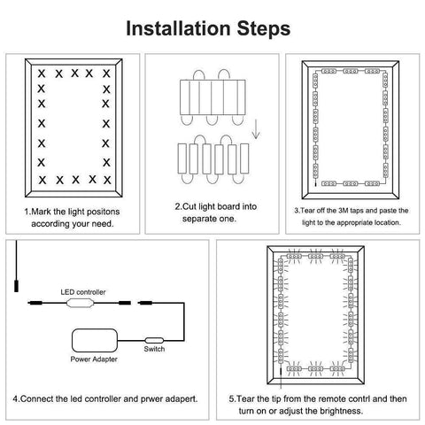 Image of DIY Hollywood Style LED Vanity Mirror Lights Kit Dimmable Lighting, 10FT/20W-60leds, Daylight White, Waterproof IP67 with dimmable and power supply