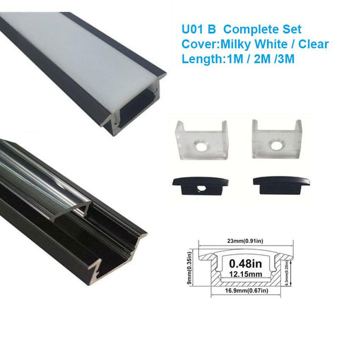 Image of 5/10/25/50 Pack Black U01 9x23mm U-Shape Internal Profile Width 12mm LED Aluminum Channel System with Cover, End Caps and Mounting Clips for LED Strip Light Installations