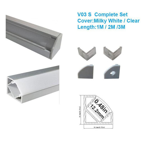 Image of 5/10/25/50 Pack Silver V03 18x18mm V-Shape Internal Width 12mm Corner Mounting LED Aluminum Channel with Oyster White Cover, End Caps and Mounting Clips for Flex/Hard LED Strip Light