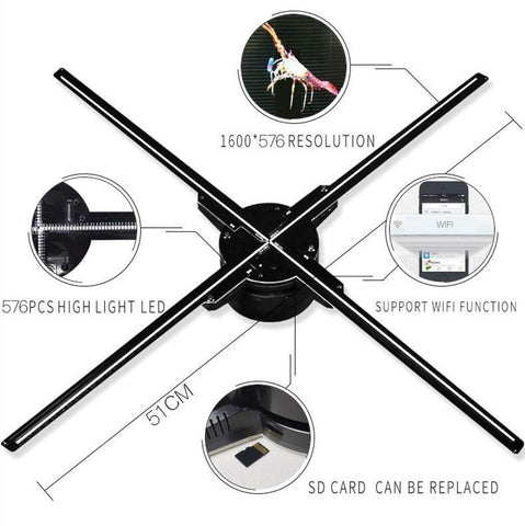 Image of Free Shipping 50cm 3D Hologram Advertising Display LED Fan with 576pcs LEDs, in 800nits WiFi App Control Holographic 3D Photos and Videos