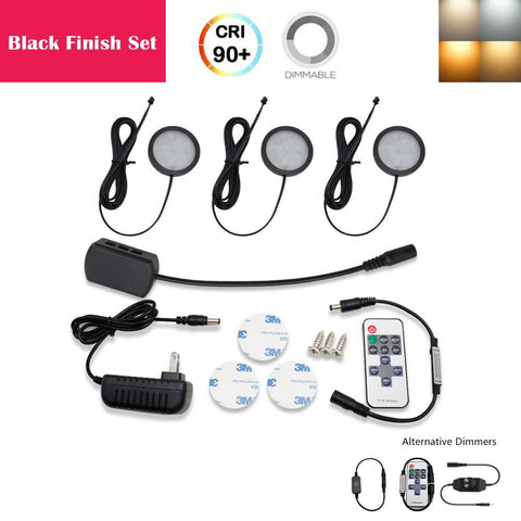 Image of A-Series 3 Pack (3*2W) Dimmable CRI 90 Ultra Thin LED Under Cabinet Puck Lights With Dimmer & Power Adapter,  All Accessories Included