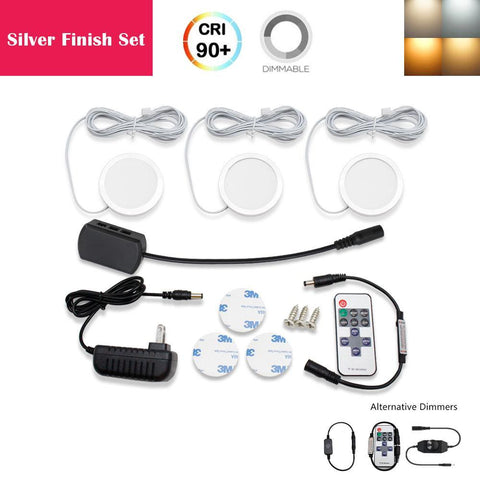 Image of A-Series 3 Pack (3*2W) Dimmable CRI 90 Ultra Thin LED Under Cabinet Puck Lights With Dimmer & Power Adapter, All Accessories Included