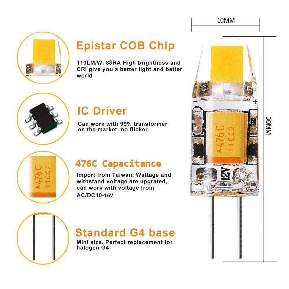 10 Pack G4 LED Light Bulb Bi-Pin Silicon Encapsulation 12V 1 W 0705 COB LEDs CRI>80 100-110Lumen 10W Equivalent