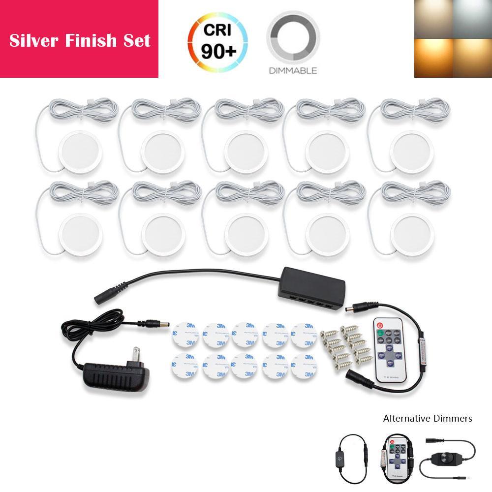 A-Series 10 Pack (10*2W) Dimmable CRI 90 LED Ultra Thin Under Cabinet Puck Lights With Dimmer & Power Adapter, All Accessories Included