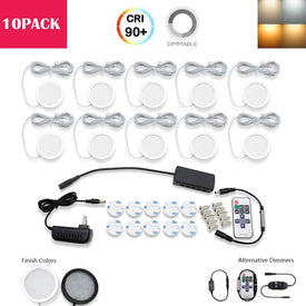 A-Series 10 Pack (10*2W) Dimmable CRI 90 LED Ultra Thin Under Cabinet Puck Lights With Dimmer & Power Adapter, All Accessories Included
