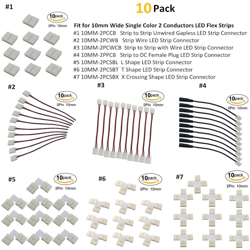 10pcs Pack Solderless Snap Down 2 pin Conductor LED Strip Connector for 10mm Wide 5050 5630 Single Color Flex LED Strips