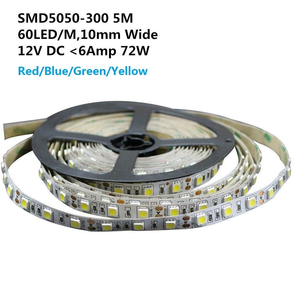 DC 12V Red/Blue/Green/Yellow Dimmable SMD5050-300 Flexible LED Strips 60 LEDs Per Meter 10mm Width 900lm Per Meter