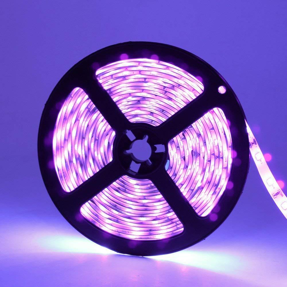 60W UV Black Light LED Strip, 16.4FT/5M 3528 600LEDs 395nm-405nm Waterproof IP65 Night Fishing Sterilization implicitly Party with 12V 5A PowerSupply