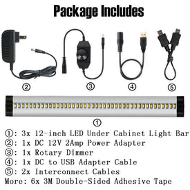 3pcs Pack Silver Finish LED Under Cabinet Lighting Kit Dimmable CRI90 Ultra Thin SMD2835 12V 15W 900 Lumens with Dimmer & Power Supply Included