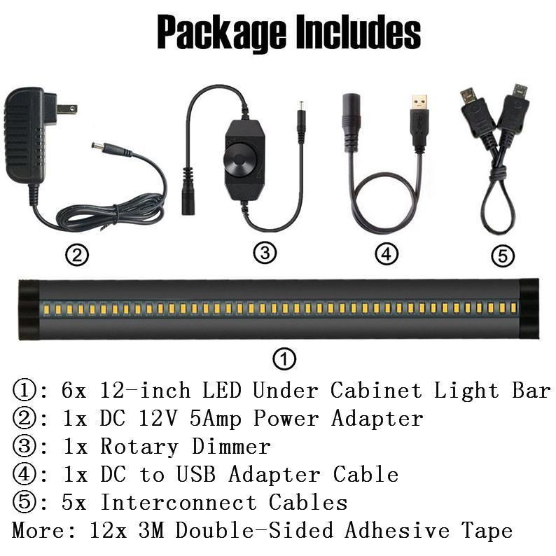 6 Pack 7mm Thick Black Finish LED Under Cabinet Lighting Kit Dimmable 1800LM CRI90 SMD2835 12V 30W with Dimmer & Power SUpply Included