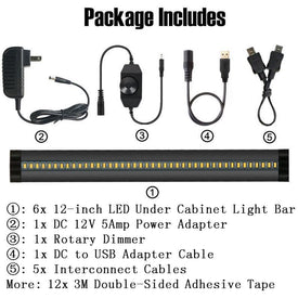 6 Pack 7mm Thick Black Finish LED Under Cabinet Lighting Kit Dimmable 1800LM CRI90 SMD2835 12V 30W with Dimmer & Power SUpply Included