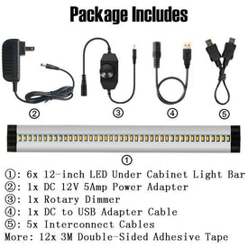 6 Pack 7mm Thick Silver Finish LED Under Cabinet Lighting Kit Dimmable 1800LM CRI90 SMD2835 12V 30W with Dimmer & Power SUpply Included