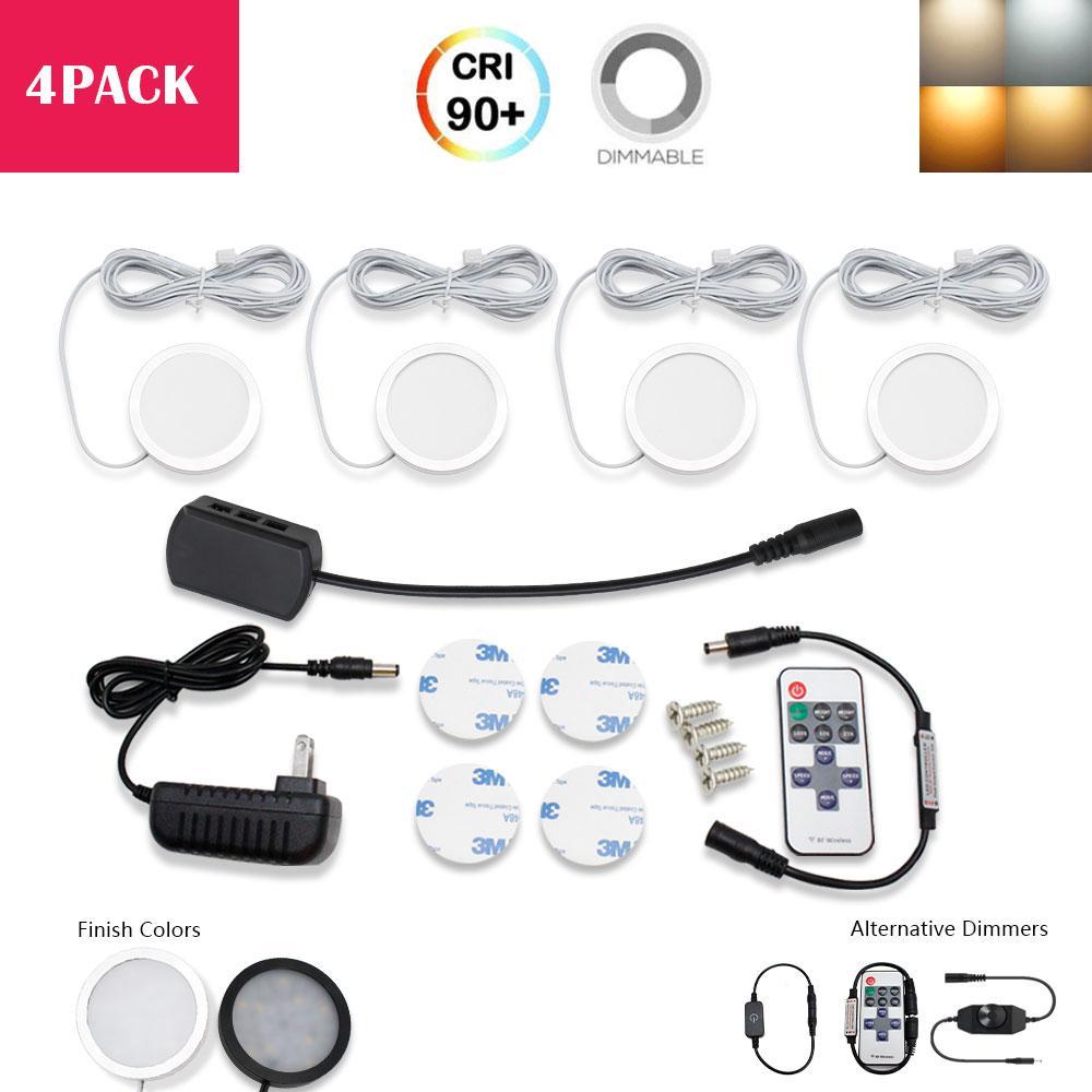 A-Series 4 Pack (4*2W) Dimmable CRI 90 Ultra Thin LED Under Cabinet Puck Lights With Dimmer & Power Adapter,All Accessories Included