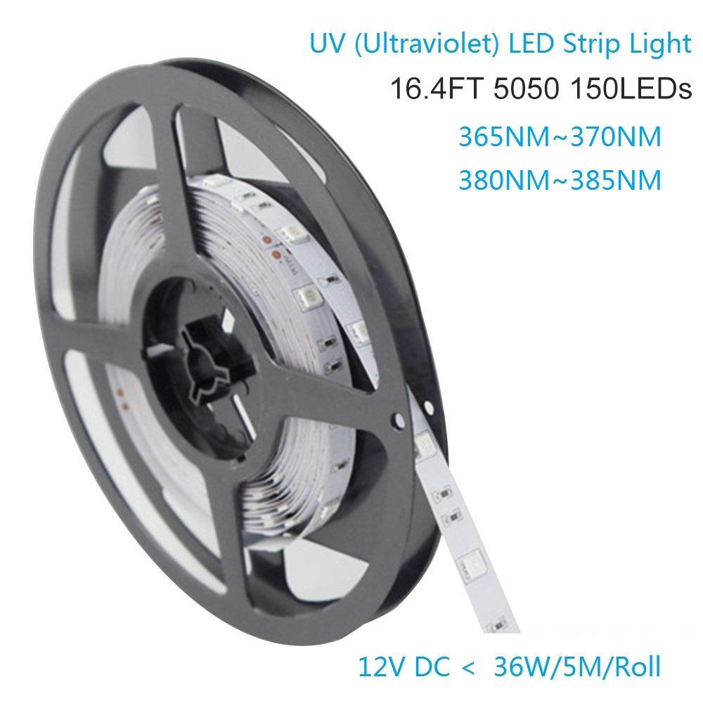 365nm & 380nm SMD5050-150 12V 3A 36W UV (Ultraviolet) LED Strip Light  Flex White PCB Ideal for UV Curing, Currency Validation, Medical Field