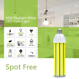 LED Corn Light Bulb 50W, Daylight White 5500K, 4500Lumens, E26/E27 Base, COB LED Chips (210Pcs), for Indoor Outdoor Garage Factory Warehouse