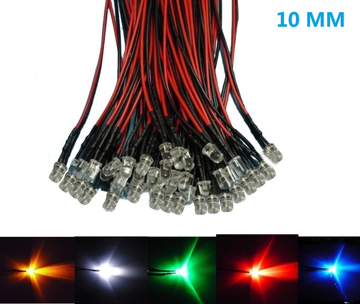 50pcs Pack 10mm LED Pre Wired light 3V/6V/12V/24V 20cm F10 Straw Hat Round Top Bulbs Light Lamp for DIY Car Boat Toys Party lighting Project