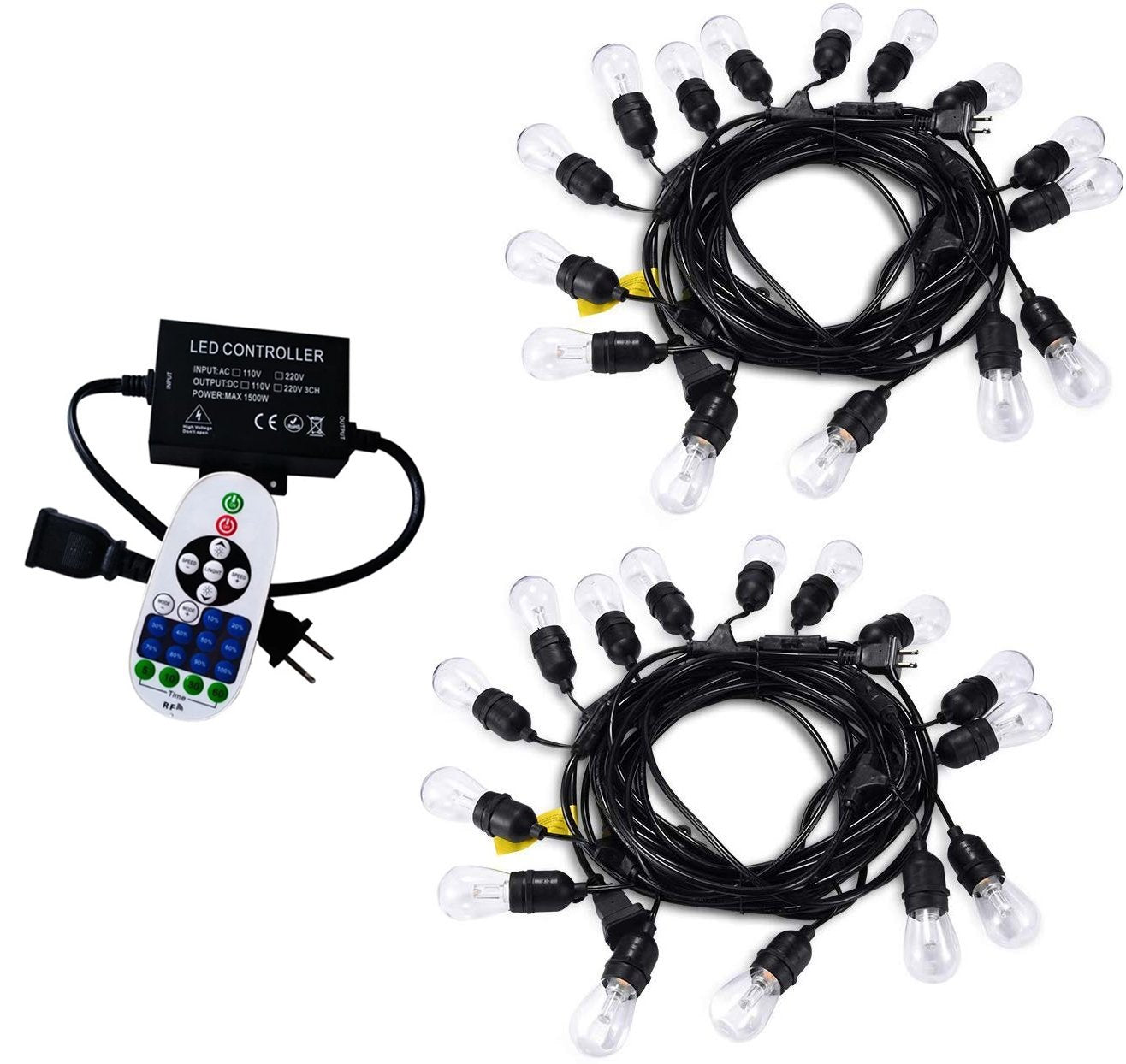 Dimmable Waterproof LED Outdoor String Lights - Hanging, 2W Edison Bulbs - 48Ft Commercial Lights for Decor for Patio, Backyard, Garden, Bistro S14 Black - Warm White, with Dimmer, Complete Led String Lights Kit(2Pack-48FT And 1pcs Dimmer)