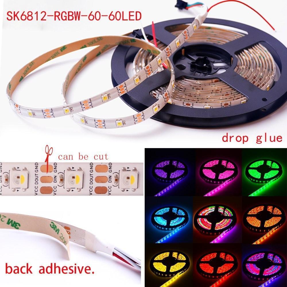 DC 5V SK6812 Individually Addressable LED Strip Light 5050 RGBW 16.4 Feet (500cm) 60LED/Meter LED Pixel Flexible Tape White PCB