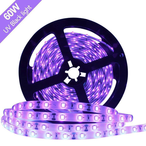 Image of 60W UV Black Light LED Strip, 16.4FT/5M 3528 600LEDs 395nm-405nm Waterproof IP65 Night Fishing Sterilization implicitly Party with 12V 5A PowerSupply