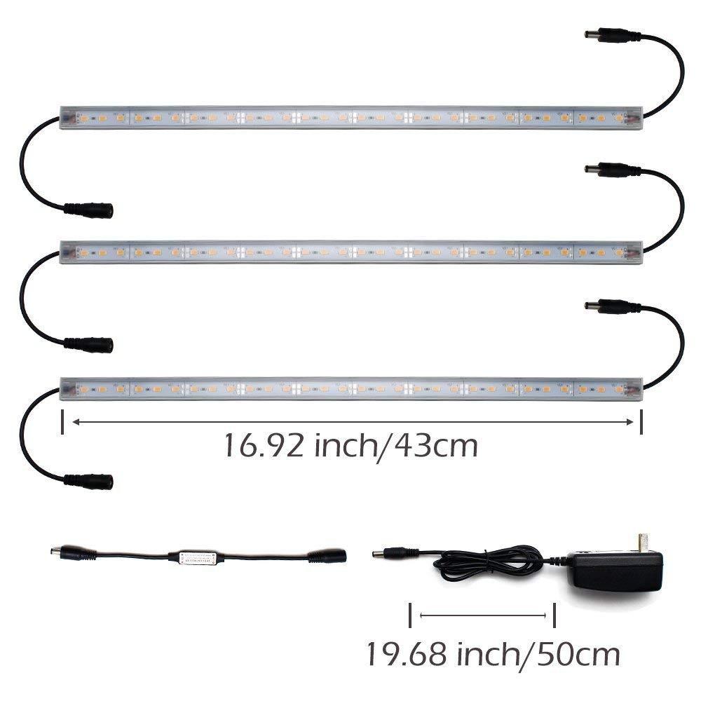 Hard LED Grow Light Strip with Full Spectrum LEDs, 36W IP65 Waterproof Dimmable LED Plant Grow Light Bar for Germination, Growth and Flowering, with 12V/3A Power Supply, Set of 3, All in Kit