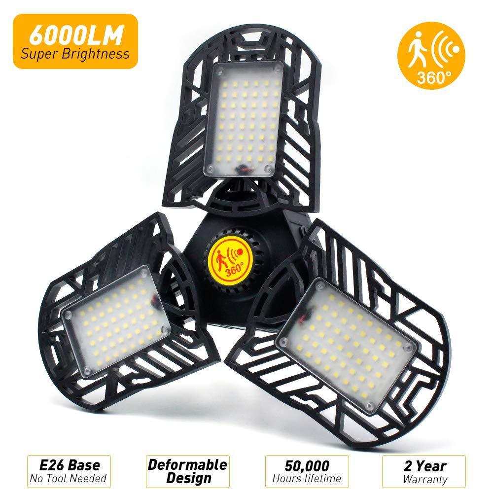 60W Full Area Motion Activated Radar / Standard CRI 80 6000LM 6000K Deformable E26/E27 Base LED Ceiling Light for Garage, Barn, Workshop