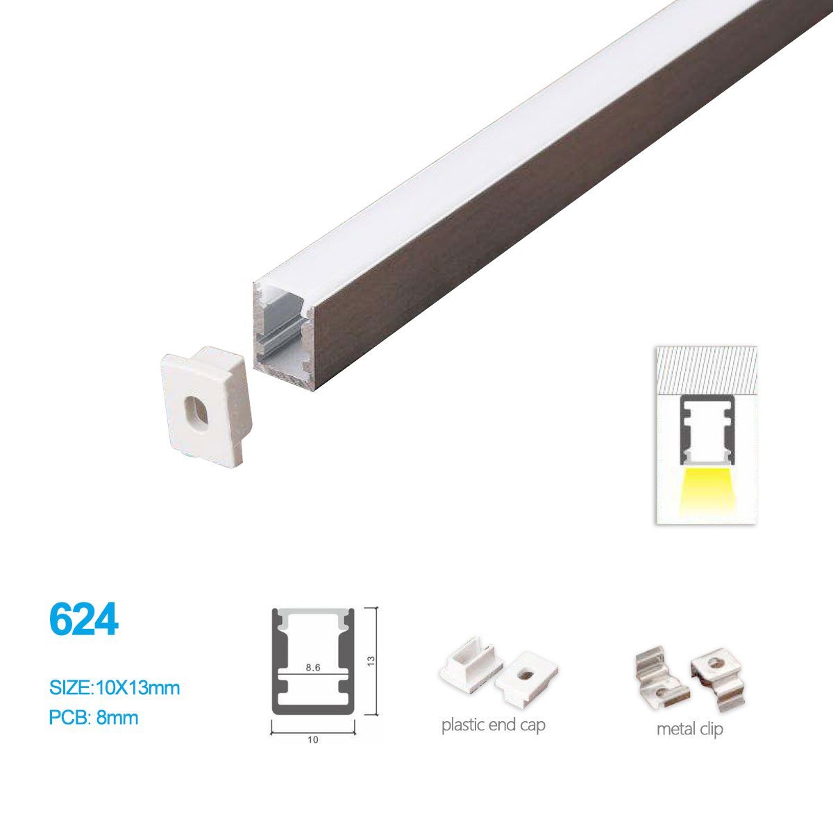 5/10/25/50 Pack 10MM*13MM Mini Square trimless Surface Mounting Aluminum Profile with Flat Cover ,End Caps and Mounting Clips Included