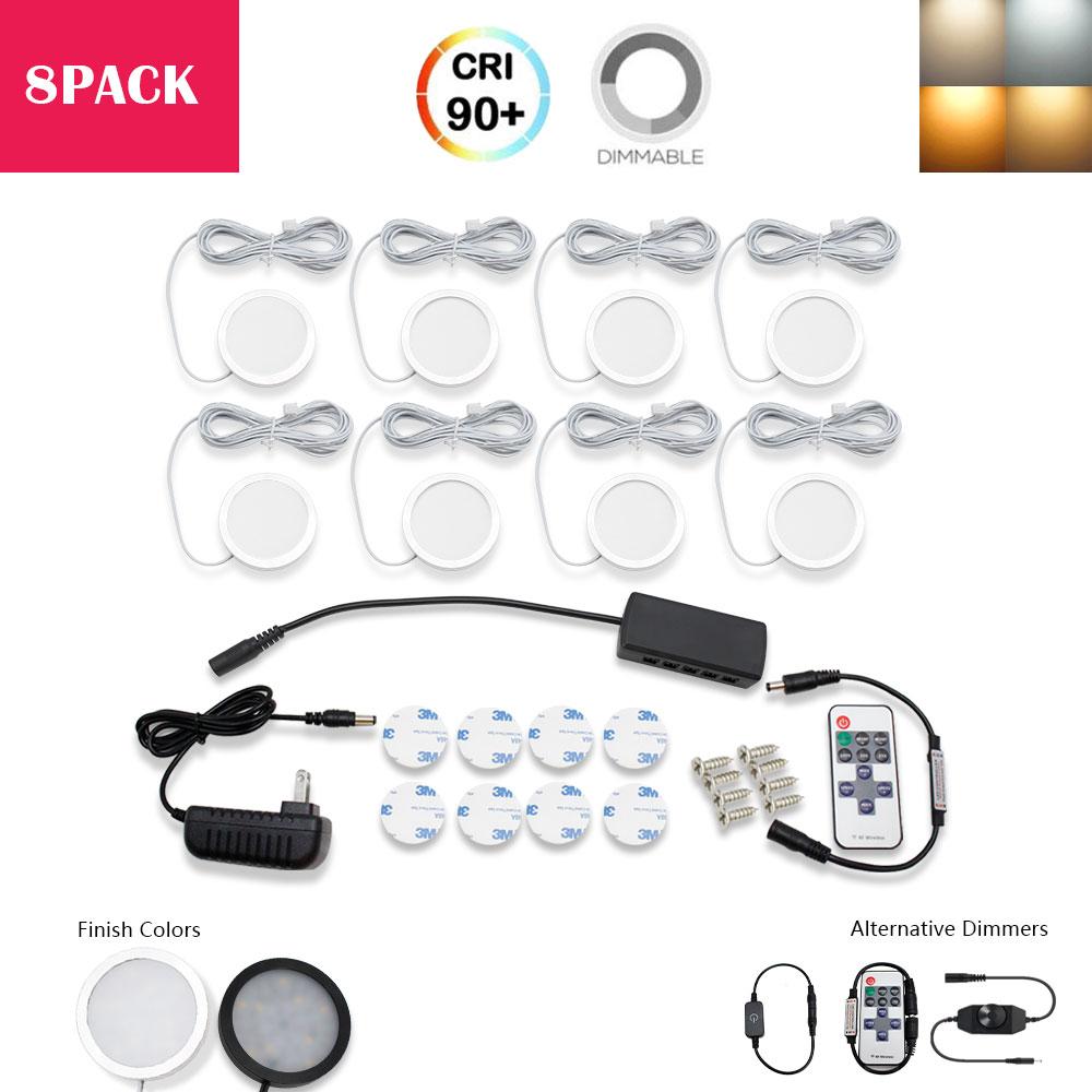 A-Series 8 Pack (8*2W) Dimmable CRI 90 Ultra Thin LED Under Cabinet Puck Lights With Dimmer & Power Adapter, All Accessories Included