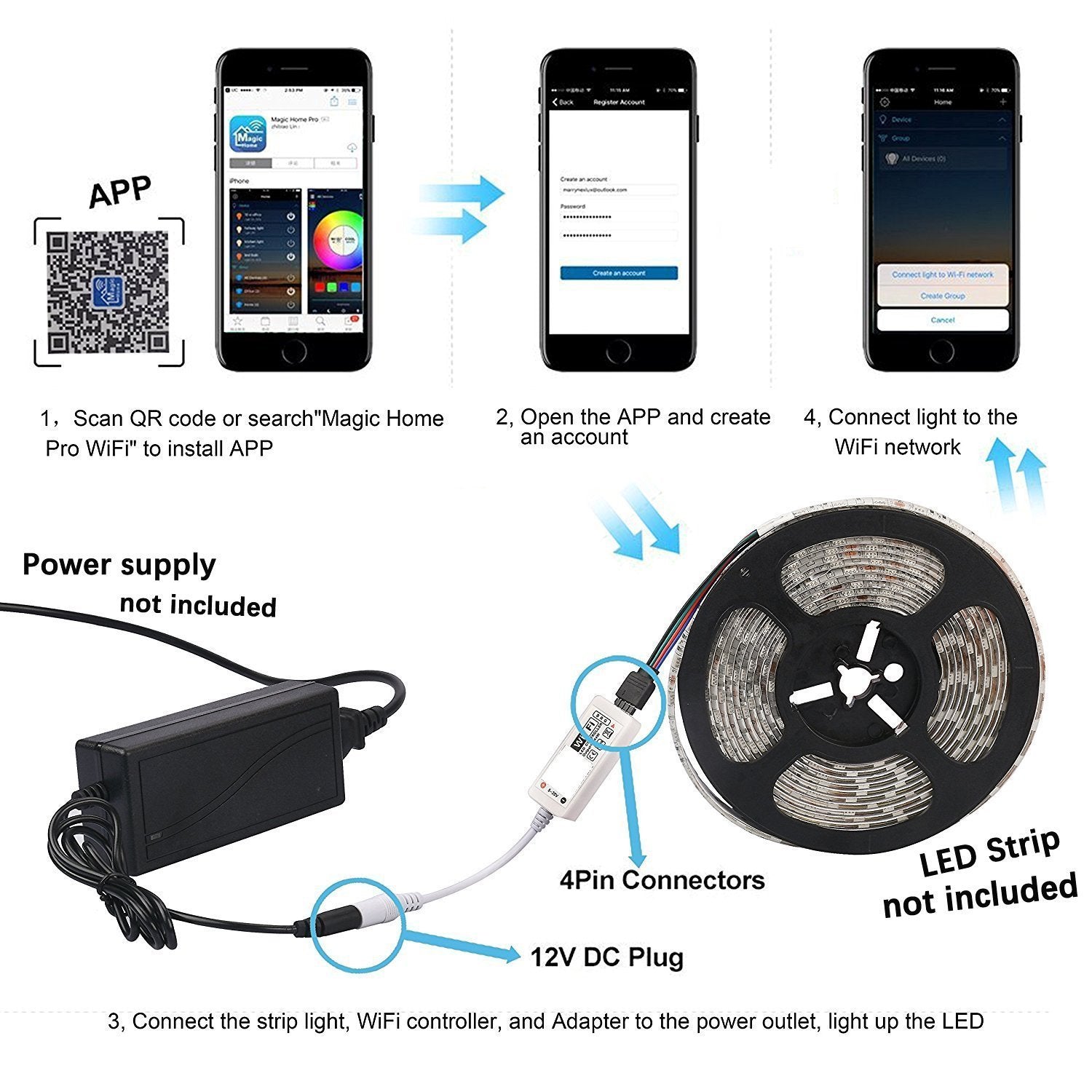 WiFi IP65 Waterproof LED Light Strip Music Sync Remote Controlled by Alexa Echo Android ISO Smart Phone 16.4ft Cuttable 12V RGB 300LED SMD5050 Strip with 24 Keys Controller & 8Amp 96W Power Supply