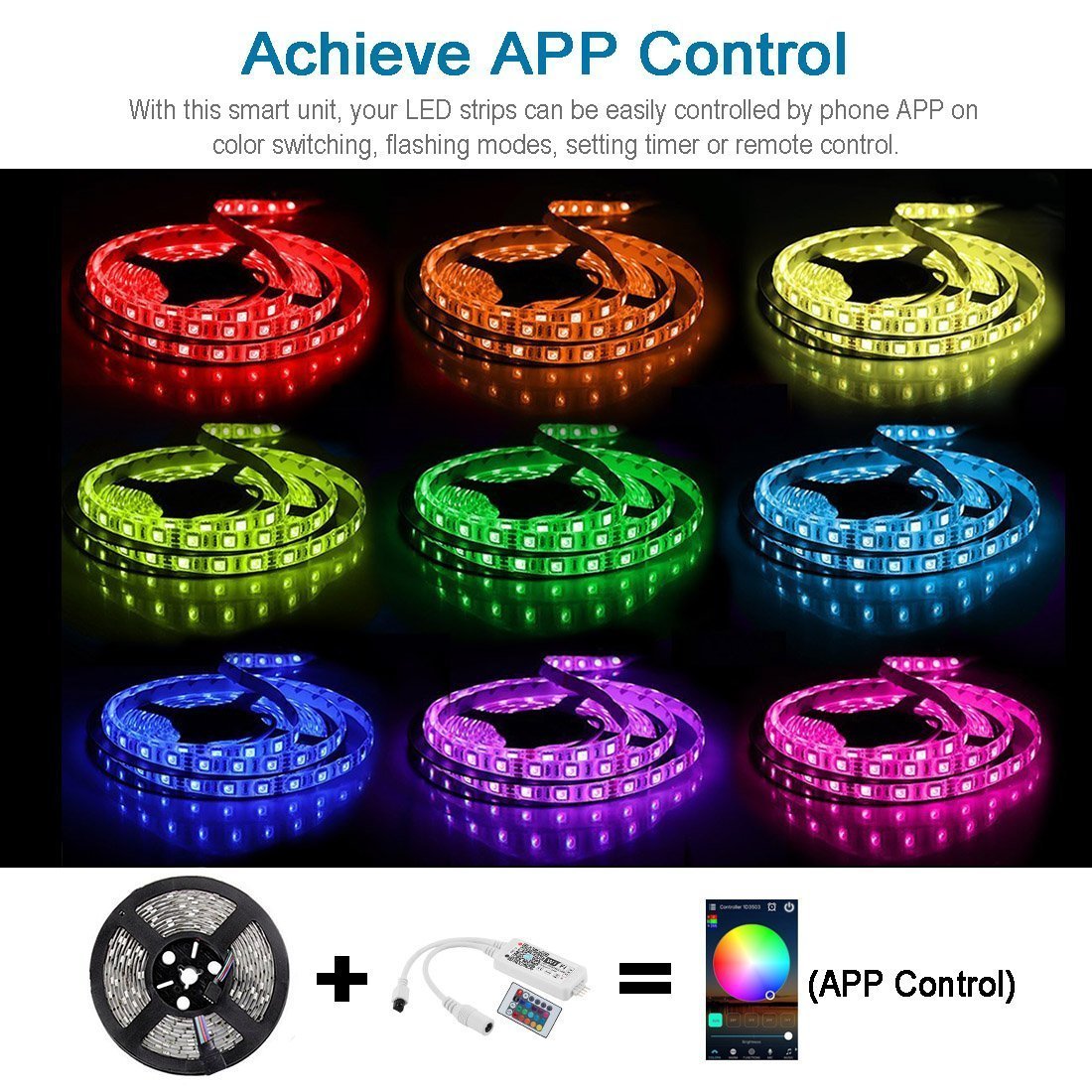 WiFi IP65 Waterproof LED Light Strip Music Sync Remote Controlled by Alexa Echo Android ISO Smart Phone 16.4ft Cuttable 12V RGB 300LED SMD5050 Strip with 24 Keys Controller & 8Amp 96W Power Supply