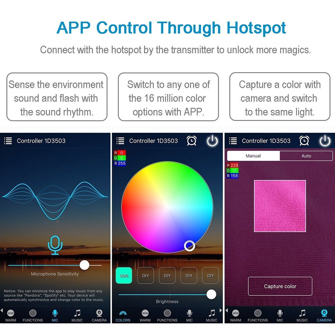 WiFi IP65 Waterproof LED Light Strip Music Sync Remote Controlled by Alexa Echo Android ISO Smart Phone 16.4ft Cuttable 12V RGB 300LED SMD5050 Strip with 24 Keys Controller & 8Amp 96W Power Supply
